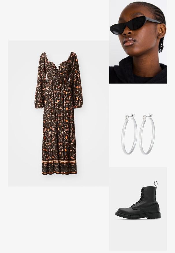 Sort blomsterprint maxi kjole med lange puffærmer, rund halsudskæring, rummelig bodice og mønstret kant. Har farverige blomsterdesigns.; Sort læder kampstøvle med rund tå, snørebånd foran og en løkke ved anklen. Har en tyk gummisål for holdbarhed.; Sorte cat-eye solbriller med mat finish, der har et strømlinet design og bløde kurver, sat mod en models mørke tøj.; Sølv hoop øreringe med en glat, poleret overflade. Rund form og sikker klik-lukning. Letvægtsdesign, der er velegnet til hverdagsbrug.