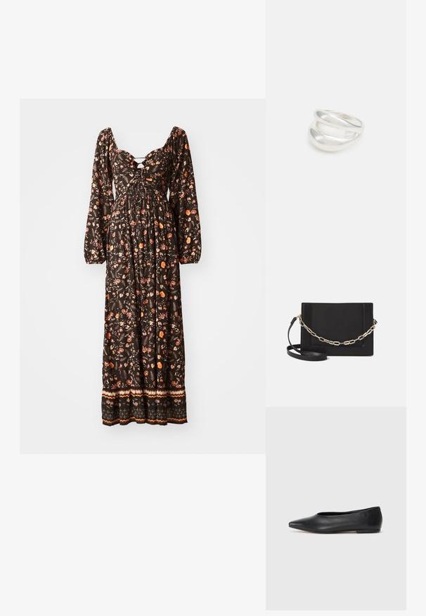 Crna cvjetna maksi haljina s dugim puf rukavima, izrezom u obliku kruške, naboranim gornjim dijelom i uzorkovanim rubom. Ima šarene cvjetne uzorke.; Crne kožne balerinke, uski vrh, minimalistički dizajn, glatka tekstura, niska peta, bez vidljivih dodataka ili ukrasa.; Crna kožna torba preko tijela s glatkom teksturom, pravokutnim oblikom i metalnim lancem na prednjoj strani. Uključena je podesiva naramenica.; Srebrna dvostruka prsten s glatkom, poliranom površinom. Karakterizira ga fluidan, zakrivljen dizajn s preklapajućim sekcijama za moderan izgled.