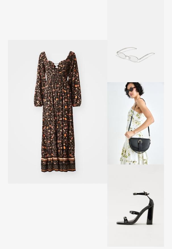 Čierna maxi šaty s kvetinovým vzorom a dlhými naberanými rukávmi, s okrúhlym výstrihom, riaseným tělom a vzorovaným okrajom. Vyznačuje sa farebnými kvetinovými motívmi.; Čierne lakované sandále na podpätku so štvorcovou špičkou, navlečenými remienkami okolo členku a striebornými prackami. Disponujú masívnym blokovým podpätkom pre stabilitu.; Oválne okuliare s kovovým strieborným rámom, priesvitnými šošovkami a textúrovanými perlovými akcentmi na spánkoch. Ľahký dizajn s zahnutými ramenami.; Čierna kožená kabelka s zaobleným tvarom, odnímateľným popruhom a zlatými doplnkami. Kabelka má klopu s detailom s prackou.