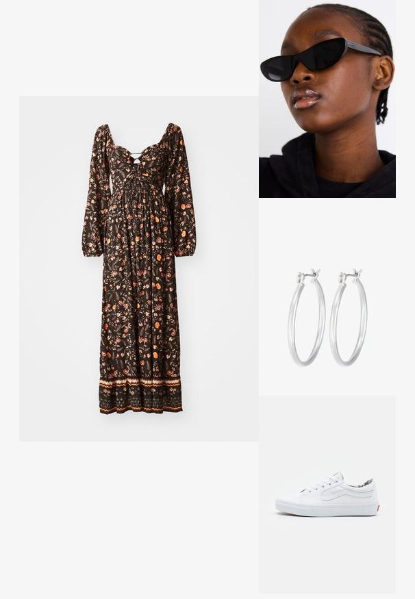 Melna ziedu maxi kleita ar garām pūkainām piedurknēm, apaļu kakla izgriezumu, drapēta piedurkne un rakstainu apakšmali. Iezīmē krāsainus ziedu dizainus.; Baltas audekla sporta apavi ar zemu topu, apaļu purngalu, sasaistes aizdari, mīkstinātu apkakli un rakstainu iekšējo oderi. Sarkans logo uz papēža.; Melnas kaķa acs saulesbrilles ar matētu apdari, kas izceļas ar elegantu dizainu un maigi izliektiem stūriem, fona attēlā ir modelis ar tumšām drēbēm.; Sudraba riņķveida auss gredzeni ar gludu, pulētu apdari. Apaļa forma un drošs klikšķa augšējais slēgums. Viegls dizains, kas piemērots ikdienas valkāšanai.