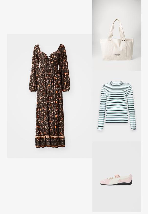 Černé květinové maxi šaty s dlouhými nafouklými rukávy, kulatým výstřihem, nařaseným trupem a vzorovaným lemem. Obsahují barevné květinové vzory.; Bílá košile s dlouhým rukávem a kulatým výstřihem s horizontálními pruhy v námořnické modré a zelené barvě. Na hrudi má malé vyšívané logo.; Růžová semišová nazouvací bota s bílými akcenty, gumovou podrážkou a elastickými pásky. Obsahuje texturovaný design a malé logo na přední straně.; Plátěná taška v světlé béžové barvě s dvěma pevnými uchy, kontrastním bílým lemem a logem "THE NORTH FACE" v černé barvě na přední straně.