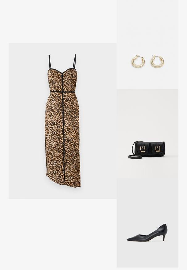 Haljina bez rukava s uzorkom leoparda i crnim detaljima; prilagođena tijelu, lepršava suknja i bočni prorez. Napravljena od lagane, teksturirane tkanine.; Crna kožna cipela s vrhom u špic i niskom petom. Ima glatku teksturu i suptilan sjaj. Prednji dio je otvoren za dodatni detalj.; Crna kožna torba preko ramena s dva prednja džepa, zlatnim kopčama, zatvaranjem na zip i uskim remenom. Teksturirana površina i kompaktan pravokutan oblik.; Lauren Ralph Lauren BASIC SMALL HOOP - Naušnice - gold-coloured