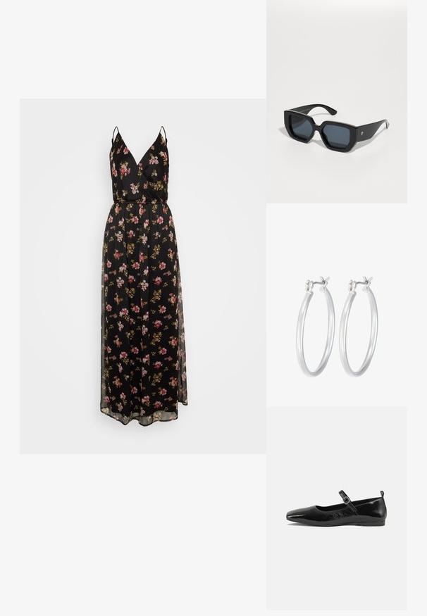 Schwarzes Blumenkleid im Maxiformat mit dünnen Trägern, V-Ausschnitt, tailliertem Schnitt und transparenter Overlay. Blumendesign in Rosa- und Goldtönen.; Schwarze Lackleder-Ballerina mit spitzem Zeh, einem Knöchelriemen mit Schnalle und einer glatten, glänzenden Oberfläche. Flacher Absatz für Komfort.; Schwarze, übergroße Sonnenbrillen mit geometrischem Design, rechteckigen Gläsern und glänzender Oberfläche. Keine sichtbaren Markenkennzeichnungen auf der Vorderseite.; Silberne Creolen mit einer glatten, polierten Oberfläche. Runder Form und sicherem Klickverschluss. Leichtes Design, geeignet für den täglichen Gebrauch.