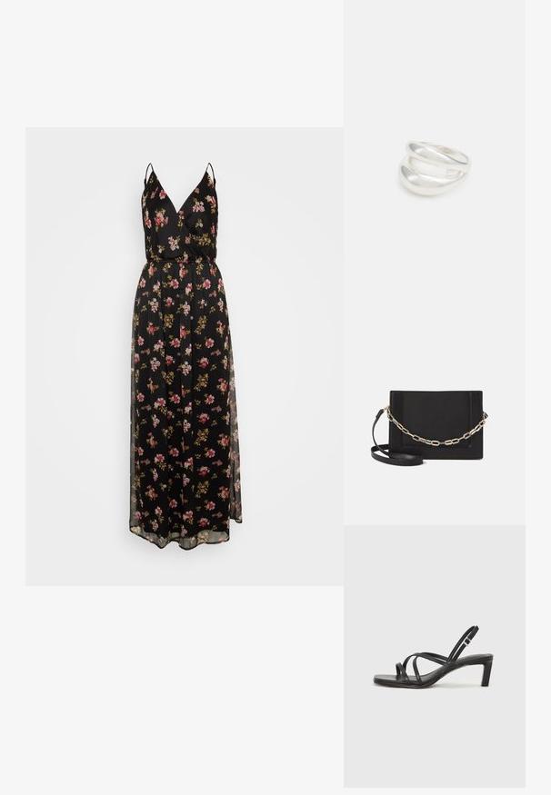Črna cvetna maksi obleka s tankimi naramnicami, ki ima V-izrez, zategnjen pas in prosojen sloj. Cvetlični vzorec v odtenkih roza in zlate.; Črne natikače s trakovi in kvadratnim prstom ter nizkim blokastim peto. Imajo več tankih trakov in nastavljiv trak okoli gležnja. Narejene so iz gladkega usnja.; Črna usnjena torba čez ramo z gladko teksturo, pravokotno obliko in kovinskim verižnim detajlom spredaj. Vključena je nastavljiva naramnica.; Srebrn dvojni prstan z gladko, polirano površino. Ima tekoč, ukrivljen dizajn z prekrivajočimi se sekcijami za sodoben videz.