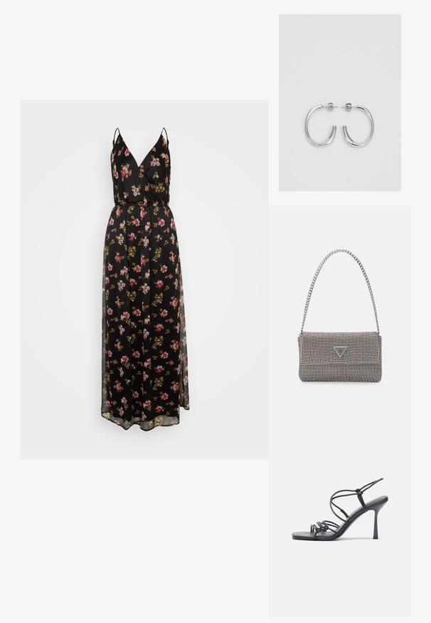 Svart blommig maxiklänning med tunna axelremmar, med en V-ringning, en figurnära midja och ett genomskinligt lager. Blommönster i nyanser av rosa och guld.; Svarta högklackade sandaler har tunna remmar med en knuten design, en slät fyrkantig tå och en smal stilettklack.; Ljusgrå metallisk handväska med kedjestropp, prydd med små cirkulära metallnitar och en triangulär logotyp.; Silver hoopsörhängen med en slät, glänsande yta, med en böjd form och post-stängning. Minimalistisk design med en modern finish.