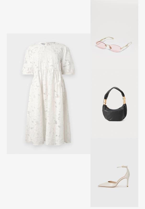 Vestido blanco con una tela texturizada de patrón floral, mangas cortas abullonadas y cuello redondo. La silueta es de corte holgado.; Zapato de tacón alto de cuero blanco con punta afilada, correa en el tobillo y un delgado tacón de aguja. Textura lisa con un sutil acabado brillante.; Gucci Gafas de sol - gold-coloured/pink; Bolso de mano de cuero negro con forma redonda, textura suave y un asa anudada que cuenta con acentos de hardware en tono dorado. Cierre con cremallera.