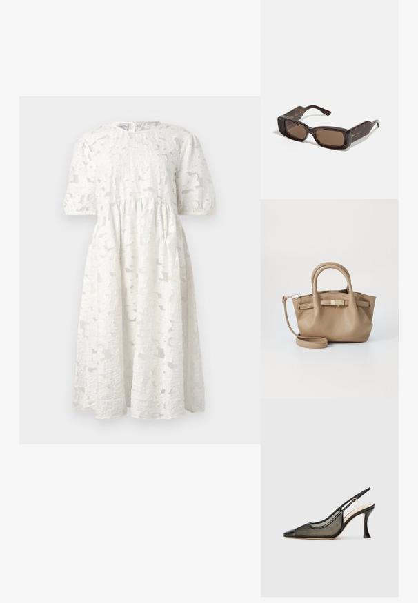 Άσπρο φόρεμα με υφή υφάσματος που έχει λουλουδάτο μοτίβο, κοντά φουσκωτά μανίκια και στρογγυλή λαιμόκοψη. Η σιλουέτα είναι ελαφρώς φαρδιά.; Μαύρο σαμπό με ψηλό τακούνι, διαθέτοντας μυτερή μύτη, λεπτομέρειες από πλέγμα και λείο δέρμα στην πάνω μεριά. Οι αποχρώσεις περιλαμβάνουν μαύρες και μπεζ πινελιές.; Γυαλιά ηλίου Gucci με ορθογώνιους καφέ φακούς, πλαίσιο από ακρυλικό με καβουροειδή σχέδια και χρυσές λεπτομέρειες με λογότυπο στους κρότους.; Τσάντα χρώματος καφέ από δερμάτινο υλικό με διπλούς ιμάντες και αποσπώμενη τιράντα για τον ώμο. Διαθέτει κούμπωμα σε χρυσό τόνο και υφή επιφάνειας.
