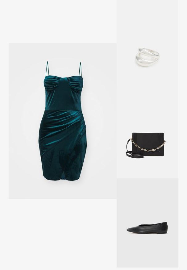 WAL G. VALERIE MINI - Proginė apranga - dark teal blue; Juodas odinis baleto batas, su smailiu pirštu, minimalistinio dizaino, lygiu paviršiumi, žemo profilio kulnu, be matomos aparatūros ar papuošimų.; Juodas odinis per petį nešiojamas krepšys turi lygų paviršių, stačiakampio formą ir metalinę grandinėlę priekyje. Pridedama reguliuojama dirželis.; Sidabrinis dvigubas žiedas su lygiu, poliruotu paviršiumi. Pasižymi sklandžiu, kreiptu dizainu su persipinančiomis dalimis, suteikiančiomis modernų išvaizdą.