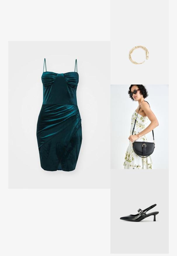 WAL G. VALERIE MINI - Proginė apranga - dark teal blue; Juodai lakuoti slingback aukštakulniai su smailiu kojų pirštu ir mažais blokiniais kulniukais, su sidabro sagtimi ant dirželio.; Juodas odinis krepšys su išlenkta forma, nuimamu dirželiu ir auksiniais detalėmis. Krepšys turi kilpą su sagtimi.; Auksinės spalvos žiedas, turintis organišką, sukimosi dizainą su lygiu paviršiumi ir siaurėjančiais galais, sukuriantis modernią skulptūrinę išvaizdą.