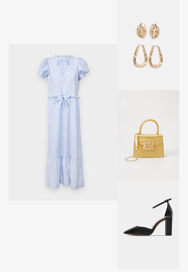 Světle modré šaty vyrobené z texturované látky, s nabíranými rukávy, zavázaným výstřihem a volánkovým lemem. Střední délka s vypasovaným pasem.; Černá kožená vysoká podpatek s kotníkovým páskem, špičatou špičkou a hranatým masivním podpatkem. Hladký povrch s minimalistickým designem.; Žlutá kabelka z umělé krokodýlí kůže se strukturovaným designem, horním uchopem, odnímatelným řetízkovým popruhem a dekoračním krystalovým zdobením na zapínání.; Náušnice ve zlatém tónu s texturovanými, vlnitými tvary. Obsahují sochařské klipy a design otevřeného kruhu s kladivkovým povrchem.