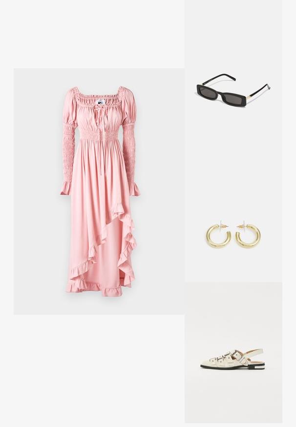 Rožinė maksi suknelė su ilgomis pūkuotomis rankovėmis, raukšlėta liemenėle ir volanėlėmis. Pagaminta iš minkštos medžiagos su laisvu siluetu.; Balno sandalai, pagaminti iš baltos odos, su keliais plačiais diržais ir sidabro spalvos sagtimis; plokščias padas su mažu juodu kulniuku ir metaliniais akcentais.; Juodos stačiakampės akinių nuo saulės su tamsiais lęšiais, blizgančiais plastikinių rėmų ir auksiniais akcentais ant šventyklų. Minimalistinis dizainas ir elegantiška forma.; Aukso auskarai su lygiu, blizgiu paviršiumi. Apvalus dizainas su maža užrakto dalimi ir skaidria atrama saugiam nešiojimui.