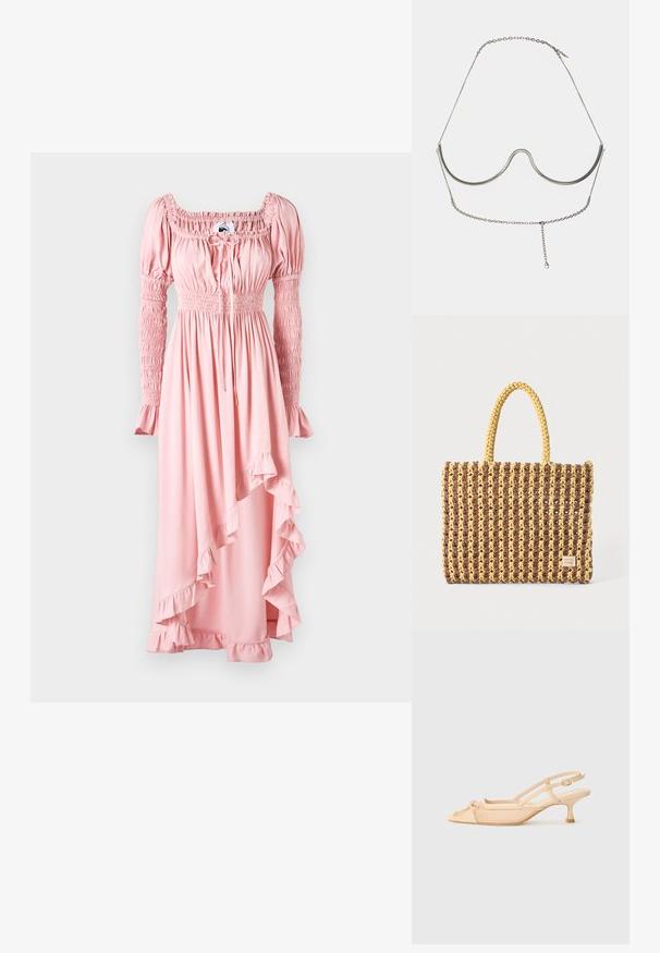 Roosa maksikleit, millel on pikad puhvis varrukad, smockitud rinnapartii ja volangiga alläär. Valmistatud pehmest kangast, millel on voolav siluett.; Stuart Weitzman KITTY - Klassikalised kontsakingad - beige/barely beige; Kootud kott pruunis ja kollases, millel on ristkülikukujuline kuju, kaks käepidet ja tekstureeritud viimistlus koos nähtava õmblusega ning brändi sildiga.; Cult Gaia ASHA BODY JEWELRY - Muu aksessuaar - bright shiny silver-coloured