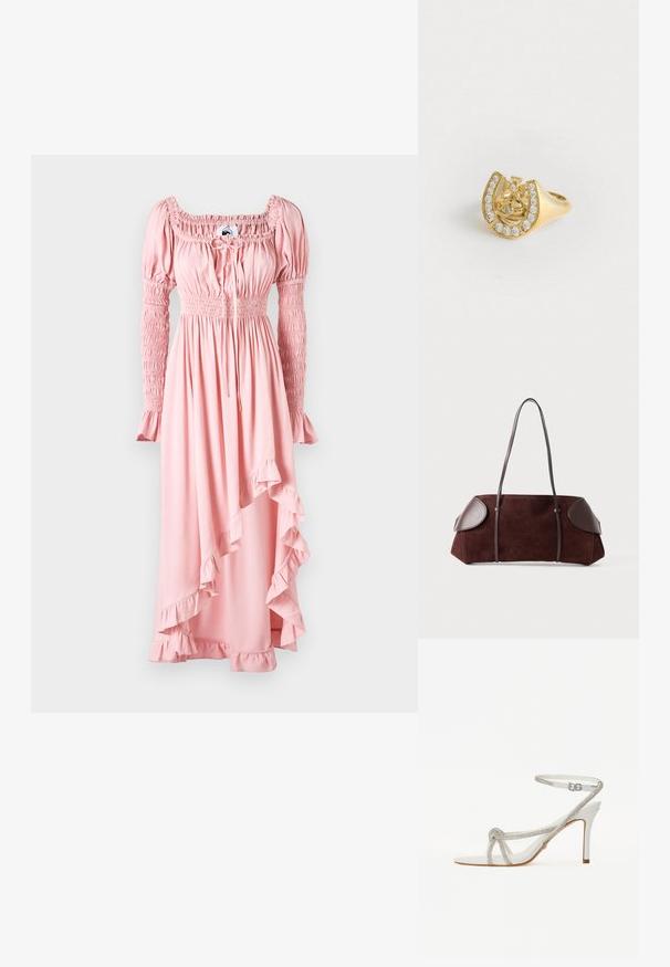 Roosa maksikleit, millel on pikad puhvis varrukad, smockitud rinnapartii ja volangiga alläär. Valmistatud pehmest kangast, millel on voolav siluett.; Valge kõrge kontsaga sandaal tekstuurse rihmaga, mis sisaldab sädelusi, avatud varba disain ja sääre rihm reguleeritava pandlaga.; Pruun suede kott nahkakattega, struktureeritud kuju, kahe õlapaelaga ja ümarate servadega, millel on sile tekstuur ja minimaalne riistvara.; Kuldne sõrmus, mille sees on kroonikujundus hobuseraua sees, kaunistatud väikeste selgete kalliskividega, valge tausta peal.; Kuldne sõrmus, mille sees on kroonikujundus hobuseraua sees, kaunistatud väikeste selgete kalliskividega, valge tausta peal.