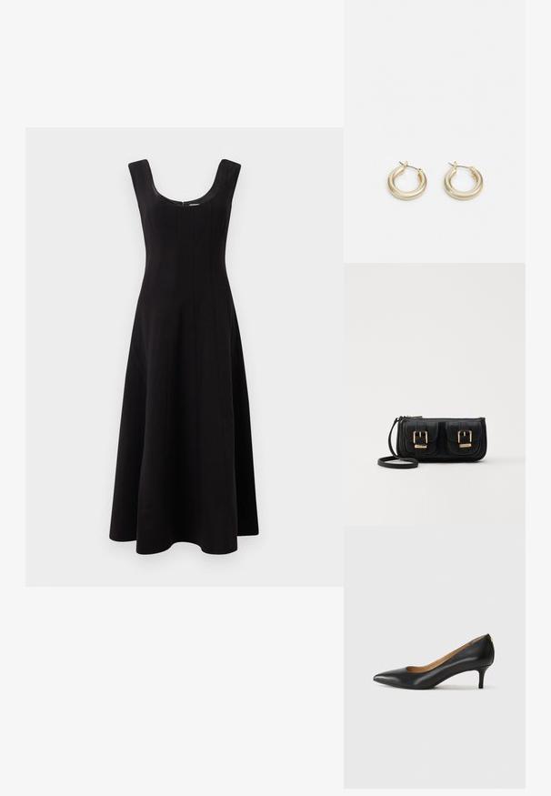 Rochie neagră cu decolteu rotund, design fără mâneci și o siluetă în A evazată. Prezintă detalii cu cusături verticale pentru structură.; Pantofii din piele neagră au vârful ascuțit, toc mic și o textură netedă. Au o deschidere ușoară în față și un hardware minim în spate.; Geantă neagră din piele, tip crossbody, cu două buzunare frontale, catarame aurii, închidere cu fermoar și o curea subțire. Suprafață texturată și formă rectangulară compactă.; Lauren Ralph Lauren BASIC SMALL HOOP - Cercei - gold-coloured