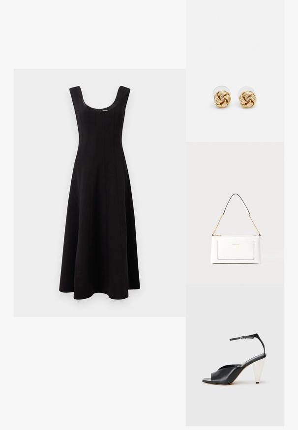 Vestido preto com decote redondo, design sem mangas e silhueta em linha A com saia rodada. Apresenta detalhes de costura vertical para estrutura.; Sandal de salto alto em couro preto com bico aberto, design assimétrico, tira no tornozelo e um salto metálico em forma de cone. Textura suave por toda a parte.; Bolsa de mão branca em couro com acabamento texturizado, featuring a corrente dourada e detalhes pretos. Inclui um bolso frontal e fecho com zipper.; Brincos de pressão em tom dourado com um design torcido. Cada brinco possui uma base circular transparente para um uso seguro.