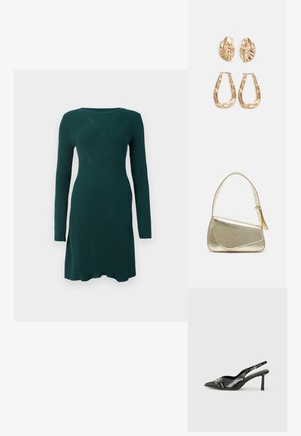 Dark green ribbed knit long-sleeve dress with fitted waist and subtle patterned texture, displayed on a plain white background.; Black patent leather slingback shoe with pointed toe, ankle straps featuring silver buckles and hardware, and a slender heel.; Gold metallic handbag with a structured design, smooth texture, and adjustable strap. Features a unique triangular shape and minimalist stitching.; Gold-tone earrings featuring textured, wavy shapes. Includes sculptural clip-on studs and open hoop design with a hammered finish.