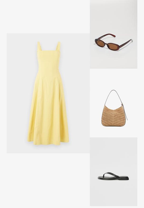 Sleeveless yellow midi dress with a square neckline, fitted bodice, and flared skirt. Made of lightweight fabric with a smooth texture.; Black flip-flop made of smooth leather, featuring a thin strap design and a flat sole with a minimal profile. No notable patterns or accents.; Round, brown-tinted sunglasses with a glossy burgundy frame. Slim arms with subtle branding detail. Flat lens design.; Woven straw shoulder bag with a curved shape, featuring a dark leather strap and a textured surface with a chevron pattern.