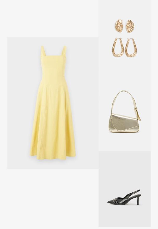 Ujjatlan, sárga midi ruha négyzet alakú nyakkivágással, testhez simuló felsőrésszel és bővülő szoknyával. Könnyű anyagból készült, sima textúrával.; Fekete lakk bőr, hegyes orrú slingback cipő, boka pántokkal, ezüst csatokkal és hardverelemekkel, valamint karcsú sarkú.; Arany fémes kézi táska, strukturált dizájnnal, sima felülettel és állítható pánttal. Egyedi háromszög alakú, minimalistának mondható varrásokkal rendelkezik.; Aranyszínű fülbevalók, texturált, hullámos formákkal. Tartalmazza a szobrászati klipszes studokat és az open hoop kialakítást, kalapácsos felülettel.