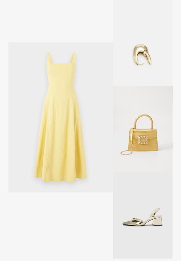 Sleeveless yellow midi dress with a square neckline, fitted bodice, and flared skirt. Made of lightweight fabric with a smooth texture.; Gold, metallic slingback heels with a pointed toe and chunky heel. Smooth texture, minimalistic design, and a narrow strap.; Yellow faux-crocodile handbag with a structured design, top handle, detachable chain strap, and decorative crystal embellishment on the clasp.; Gold-tone metal earring with a sleek, curved design. Features a distinctive pointed shape, polished surface, and hinge closure.