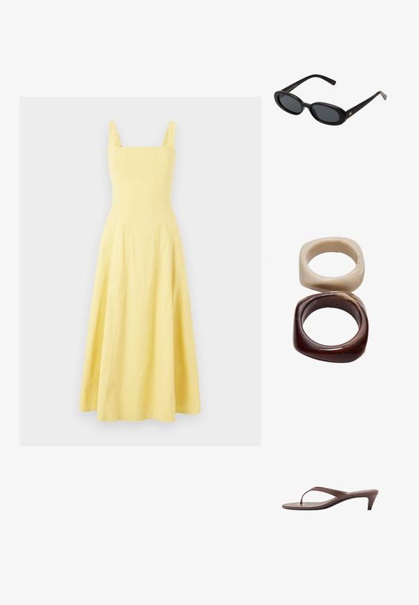 Ärmelloses gelbes Midi-Kleid mit quadratischem Ausschnitt, tailliertem Oberteil und weit schwingendem Rock. Hergestellt aus leichtem Stoff mit glatter Textur.; Braune, mit Absatz versehene Flip-Flop-Sandale mit einem schmalen Riemen und abgerundetem Zehensteg, der ein kleines goldfarbenes Akzent auf dem Fußbett aufweist.; Schwarze, oversized Sonnenbrillen mit ovalen Gläsern, glattem Kunststoffrahmen und goldenen Akzenten an den Bügeln. Die dunklen Gläser bieten Sonnenschutz.; Stradivarius SET - Armband - dark brown