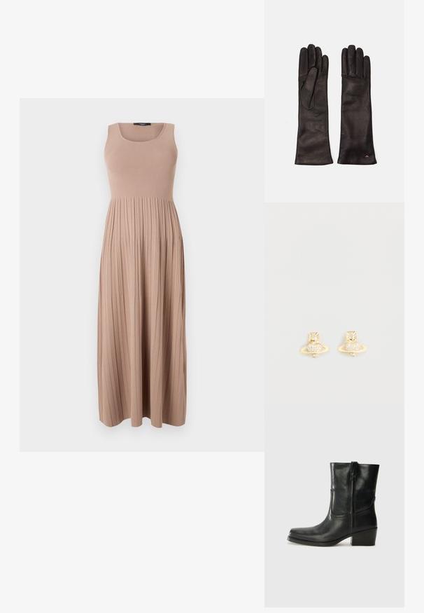 Maxiklänning i mjuk ribbad tyg, i beige färg. Har en figurnära överdel med rundad halsringning och en flödande, plisserad kjol. Enkelt design.; Svart läderankelboot med rund tå, blockklack, sidodragkedja och sömmar på ovandelen. Slät textur, klassisk design.; Weekend Max Mara SENAPE - Fingervantar - nero; Guldtonade studörrhängen med en Saturn-design, en texturerad band och inlagda cirkulära kristaller för extra glans.