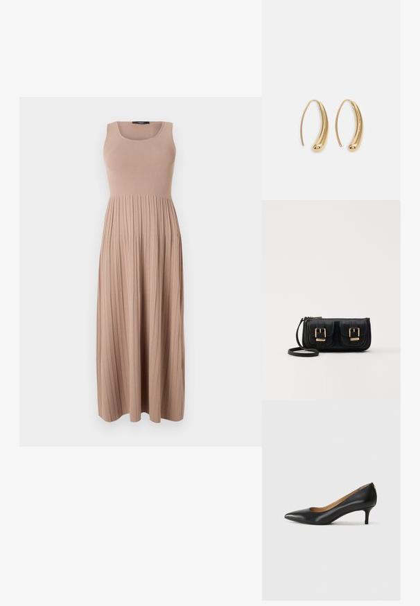Vestido maxi en suave tela acanalada, de color marrón claro. Presenta un torso ajustado con escote redondo y una falda fluida con pliegues. Diseño simple.; Zapato de tacón negro de cuero con punta afilada, tacón bajo y textura suave. Presenta una ligera apertura en la parte frontal y un hardware minimalista en la parte trasera.; Bolso cruzado de cuero negro con dos bolsillos frontales, hebillas doradas, cierre de cremallera y una correa delgada. Superficie texturizada y forma rectangular compacta.; Pendientes de aro de metal en tono dorado con una forma curva y alargada. Presentan una superficie lisa y brillante y una punta redondeada para mayor detalle.