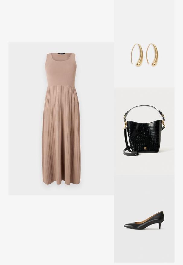 Ilgas suknelė iš minkštos raukšlėtos medžiagos, smėlio spalvos. Turi prigludusią liemenę su apvaliu iškirpimu ir tekantį, raukšlėtą sijoną. Paprastas dizainas.; Juodos odinės aukštakulnės bateliai su smailiu nosiu, žemu kulnu ir lygiu paviršiumi. Priekyje yra nedidelis atvirumas, o gale minimalus apdaila.; Juodas krokodilo rašto odinis krepšys su lenkta forma, auksiniais aksesuarais, reguliuojama juosta ir logotipo detale priekyje.; Auksinės metalinės auskarų kabės su lenktą, pailgą forma. Turi lygų, blizgantį paviršių ir užapvalintą galiuką papildomam akcentui.