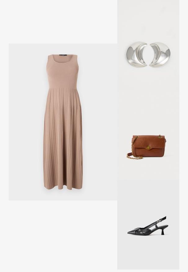 Vestido maxi em tecido ribado suave, na cor bege. Apresenta um corpete ajustado com decote redondo e uma saia fluida e plissada. Design simples.; Sapato slingback em couro preto com biqueira fina, tiras decorativas com ilhós de metal e um pequeno salto quadrado. Superfície texturizada.; Bolsa de ombro em couro castanho com fecho em aba, acessórios em dourado e alça de corrente. Textura suave, forma retangular, detalhes mínimos.; Brincos em forma de crescente prateada com um acabamento polido, apresentando curvas suaves e superfícies reflexivas, criando um design elegante e moderno.