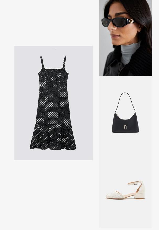 Černé šaty s puntíky a nastavitelými ramínky, se přiléhavým živůtkem a volánkovým lemem. Vyrobené z lehkého materiálu, zdobené bílými puntíky.; Bílé krajkové boty na kotníku s nízkým, silným podpatkem a špičatou špičkou. Hladká vnitřní podšívka, texturovaný krajkový svršek a detail s přezkou.; Černé sluneční brýle s elegantním obdélníkovým rámem a zlatým logem na boční straně. Tmavé čočky a lesklý povrch jsou výrazné.; Černá ramenní taška vyrobená z hladkého materiálu, s oválným tvarem, zlatým zipem a zlatým vyraženým logem na přední straně.