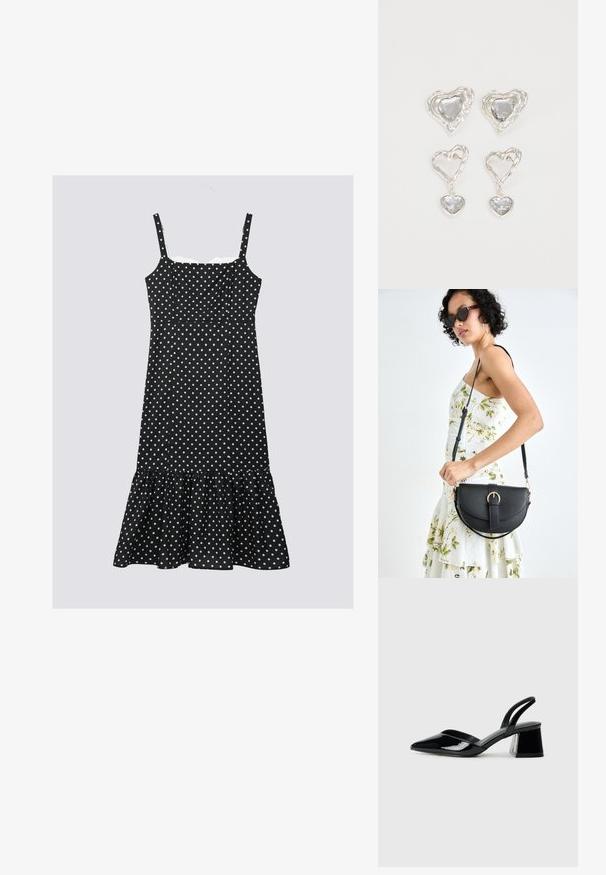 Rochie neagră cu buline albe, cu bretele ajustabile, un corset ajustat și o margine fluturată. Fabricată din țesătură ușoară, având buline albe.; Pantofi cu toc slingback din piele lacuită neagră, cu vârf ascuțit și toc geometric. Prezintă un design elegant, minimalist și o textură netedă.; Geantă din piele neagră, cu o formă curbată, curea detașabilă și accesorii aurii. Geanta are un capac cu un detaliu tip cataramă.; Cerceii în formă de inimă argintie sunt decorați cu pietre clare fațetate, având un cadru texturat. Setul include stiluri cu buton și cu pandantiv.