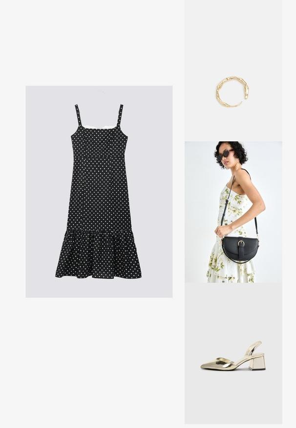 Crna haljina s točkicama s podesivim trakicama, uskim korzetom i volanima na rubu. Izrađena od lagane tkanine, s bijelim točkicama.; Zlatni metalik slingback sandali s šiljatim vrhom i debelim potpeticama. Glatka tekstura, minimalistički dizajn i uski remen.; Crna kožna torba s lukovitim oblikom, odvojivim remenom i zlatnim detaljima. Torba ima preklop s kopčom.; Prsten u zlatnoj nijansi s organskim, uvijenim dizajnom, glatkom teksturom i suženim krajevima, koji stvara moderan, skulpturalni izgled.