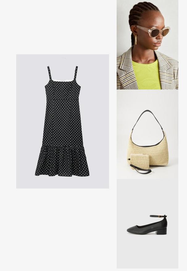 Rochie neagră cu buline albe, cu bretele ajustabile, un corset ajustat și o margine fluturată. Fabricată din țesătură ușoară, având buline albe.; Pantof cu toc negru din piele, cu vârf ascuțit și toc mic pătrat. Dispune de o curea la gleznă cu o cataramă în tonuri de aur. Textură netedă.; Ochelari de soare stil cat-eye, cu lentile maro și rame transparente. Model purtând un top verde cu textură ribbed și un sacou în carouri. Cercei rotunzi din aur.; Geantă din paie țesută, cu o siluetă curbată, având o curea din piele neagră netedă și un plic mic asortat, atașat printr-un breloc pentru încheietură.