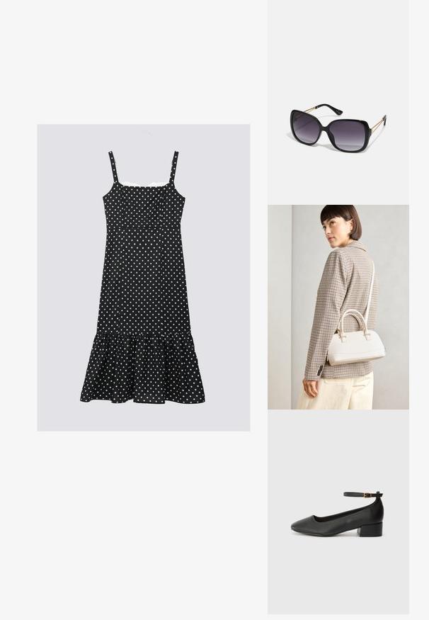 Melna kleita ar punktiņiem, ar regulējamām siksnām, pieguļošu augšu un kraukšķīgu apakšmalu. Izgatavota no viegla auduma, ar baltajiem punktiņiem.; Melnas ādas sūkņi ar smailu purngalu un zemu bloku papēdi. Iezīmēts ar potītes siksniņu ar zelta krāsas sprādzi. Gluda tekstūra.; Melni pārmērīgi lieli saulesbrilles ar gradāciju lēcām, biezām rāmja malām un zeltainas krāsas ķēžu detaļām uz tempļiem.; Balta strukturēta roku soma ar īsām rokturiem un plecu siksnu, ar zelta aparatūras akcentiem un strukturētu materiālu, izstādīta uz pelēka fona.