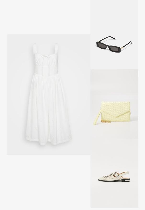 Balta saulės suknelė, pagaminta iš lengvos medžiagos, su kvadrato formos dekolte, reguliuojama raišteliu ir išsiuvinėtų gėlių raštais visame paviršiuje. Sraunus sijonas.; Balno sandalai, pagaminti iš baltos odos, su keliais plačiais diržais ir sidabro spalvos sagtimis; plokščias padas su mažu juodu kulniuku ir metaliniais akcentais.; Juodos stačiakampės akinių nuo saulės su tamsiais lęšiais, blizgančiais plastikinių rėmų ir auksiniais akcentais ant šventyklų. Minimalistinis dizainas ir elegantiška forma.; Geltona audinė piniginė su užsegimu, nuimamą rankinę juostą ir auksinį akcentą. Lygi tekstūra ir stačiakampis forma.; Sidabriniai auskarai su sklandžiu, poliruotu paviršiumi. Apvalios formos ir saugus uždarymo mechanizmas. Lengvas dizainas, tinkantis kasdieniam dėvėjimui.