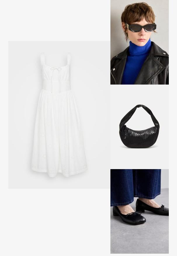 Valge suveliin sukienn, mis on valmistatud kergest kangast, ruudukujulise dekolteega, reguleeritava nööriga ja tikitud lillemustritega üle kogu. Voogav seelik.; Mustad nahkjalanõud ruudukujulise toe ja väikese kontsaga, ees dekoratiivne lips. Kantud tumedate teksapükstega.; Mustad prillid ümarate servadega ja tumedate läätsedega. Rikkalikud kuldsed aksessuaarid templites. Kandmisel sinine soonikkoes turvavöö ja nahkjope.; Mustmust nahk käekott kaarjaga kujuga, millel on paks käepide ja tõmblukuga sulgemine. Tekstuuriga pind läikiva viimistlusega.; Hõbedased rõngas kõrvarõngad, millel on lipsu kujundus, sile viimistlus ja läikiv tekstuur. Kompaktne, minimalistlik stiil, sobib erinevateks juhtudeks.