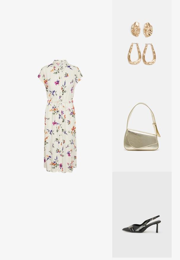 Rochie midi florală din țesătură crem; are mâneci scurte, guler, deschidere cu butoni și talie ajustabilă cu șnur; decorată cu flori violet și portocalii.; Pantofii slingback din piele lăcuită neagră, cu vârf ascuțit, bretele pentru gleznă cu catarame și accesorii din argint, și un toc subțire.; Geantă de umăr metalică aurie cu un design structurat, textură netedă și curea reglabilă. Prezintă o formă triangulară unică și cusături minimaliste.; Cercei aurii cu forme texturate și ondulate. Include studs sculpturale cu clip și un design de cerc deschis cu un finisaj cioplit.