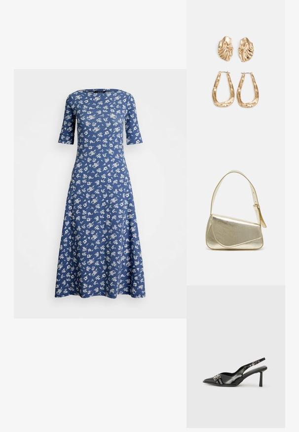 Blå blomsterkjole med korte ermer, rund halslinje og utsvingt midje. Laget av mykt stoff med et hvitt blomstermønster gjennom hele.; Sorte patentlær slingback-sko med spiss tå, ankelremmer med sølvspenner og detaljer, og en slank hæl.; Gullfarget metallisk håndveske med en strukturert design, glatt tekstur og justerbar stropp. Har en unik trekantet form og minimalistisk søm.; Gullfargede øredobber med teksturerte, bølgete former. Inkluderer skulpturelle klipsstuds og åpen hoop-design med en hamret finish.