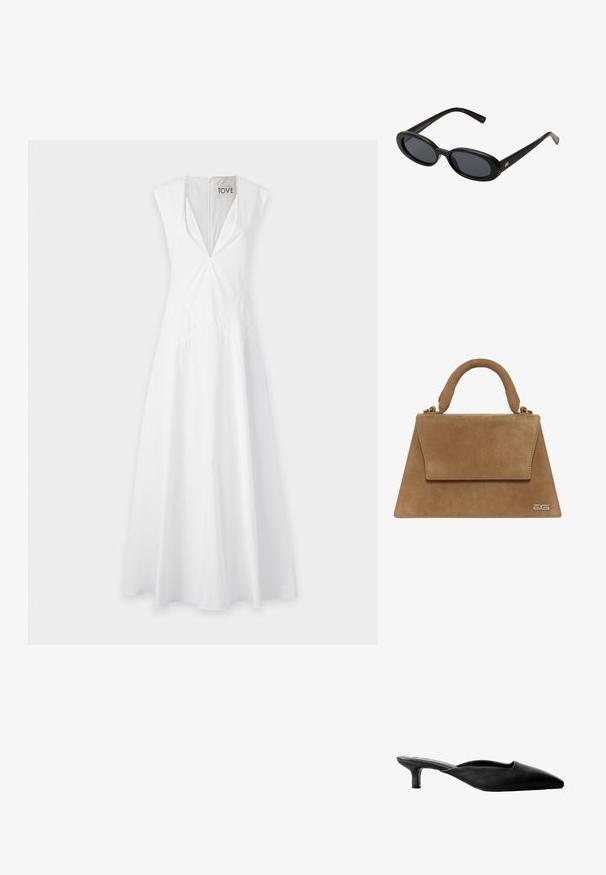 Fehér ujjatlan ruha mély V-kivágással, derékvarrás részletezéssel és lebegő szoknyával, könnyű anyagból készült.; Fekete bőr magassarkú mules, hegyes orral, nyitott hátsó résszel és alacsony tömbsarkal. Simább textúra minimális dizájnnal.; Fekete, oversize napszemüveg ovális lencsékkel, sima műanyag kerettel és arany részletekkel a fülpánton. Sötét lencséi védelmet nyújtanak a napfény ellen.; Barna velúr táska, amely struktúrált háromszög alakú, tetején fogantyúval és fedélzárral rendelkezik. Oldalán diszkrét logó részlet található.