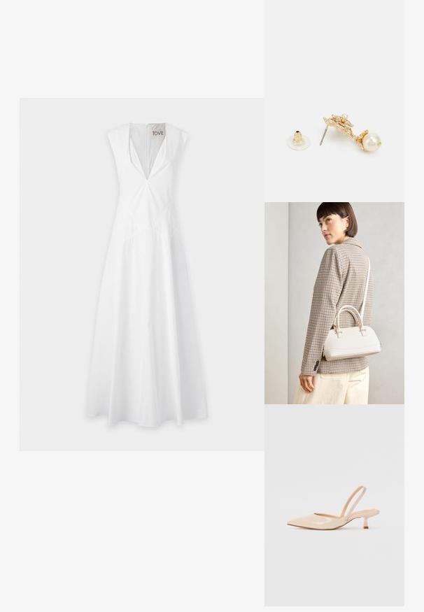 Vit ärmlös klänning med djup V-ringning, midjesömdetaljer och en svävande kjoldesign, tillverkad av lättviktig tyg.; Beiga patenterade läderkilklackar med spetsig tå och en smal, fyrkantig klack. Slät yta och minimalistisk design utan utsmyckningar.; Vitt strukturerat handväska med korta handtag och en axelrem, med gyllene detaljer och texturerat material, visad mot en grå bakgrund.; Guldtonade örhängen med en dekorativ design och en pärlbrief, metallstift och en genomskinlig gummibakgrund.