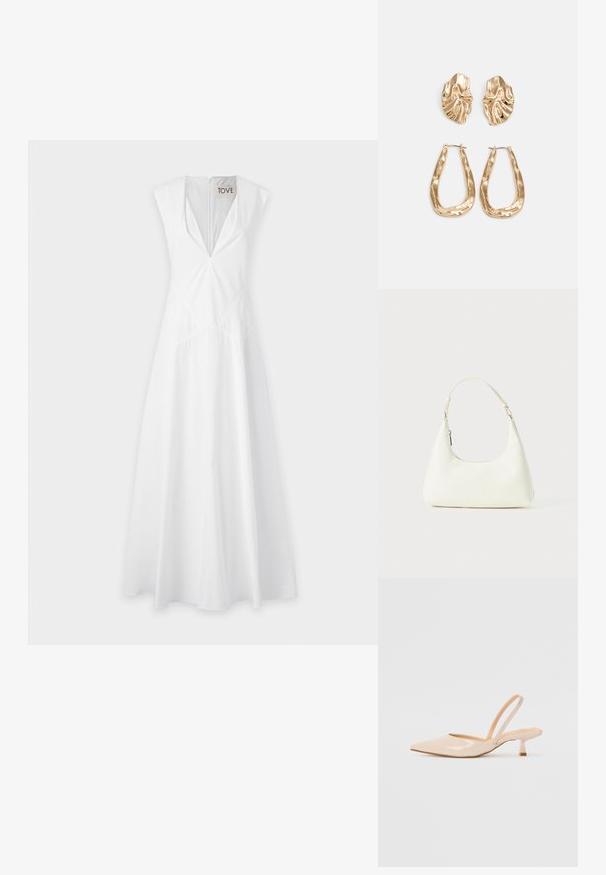 Biele bezrukávové šaty s hlbokým výstrihom do V, detaily v páse a voľný dizajn sukne, vyrobené z ľahkej látky.; Bežové lakované sandále na podpätku so špicatou špičkou a štíhlym, štvorcovým podpätkom. Hladká textúra a minimalistický dizajn bez ozdôb.; Malá biela ramenná taška s jedným nastaviteľným popruhom a zipsovým uzáverom, umiestnená na jednoduchom bielom pozadí.; Náušnice v zlatej farbe s textúrovanými, vlnitými tvarmi. Obsahujú sochárske klipsové náušnice a otvorený tvar krúžku s kladivkovým povrchom.