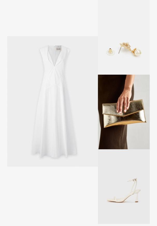 Valge ilma varrukateta kleit sügava V-dekoltee, vöökoha õmbluse detailidega ja voolava seeliku disainiga, valmistatud kergest kangast.; Valge kontsaga sandaal, millel on peen rihma disain, ruudukujuline varvas ja terav konts. Valmistatud sujuvast materjalist, millel on minimalistik esteetika.; Kuldne metallist käekott, millel on sile tekstuur ja kolmnurkne klapp. Kotti hoidev käsi on hoolikalt maniküüritud küüntega.; Kuldtooni kõrvarõngad, millel on dekoratiivne disain ja pärli aksent, metallpilt ja läbipaistev kummist toestus.