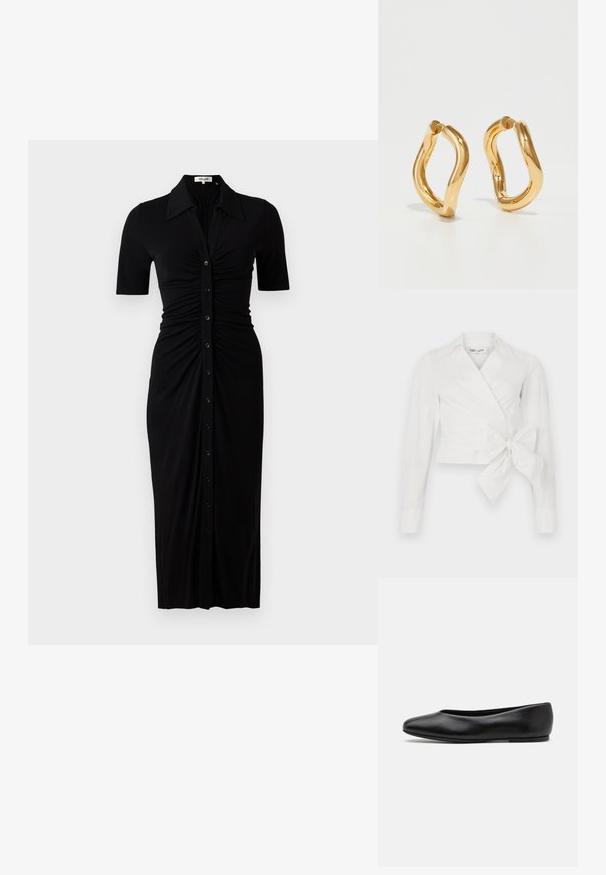 Czarna sukienka z krótkim rękawem, z zapinaniem na guziki z przodu i marszczeniami. Wykonana z gładkiego materiału, sięgająca do kolan, o dopasowanym kroju.; Biała bluzka o luźnym kroju z długimi rękawami, kołnierzykiem i detalem związania z przodu. Wykonana z gładkiego materiału o lekko usztywnionej strukturze.; Paul Smith TOPANGA czarny; Złote kolczyki w kształcie obręczy o zakrzywionym, nieregularnym kształcie oraz gładkiej, wypolerowanej powierzchni. Brak widocznych elementów sprzętowych lub akcentów.
