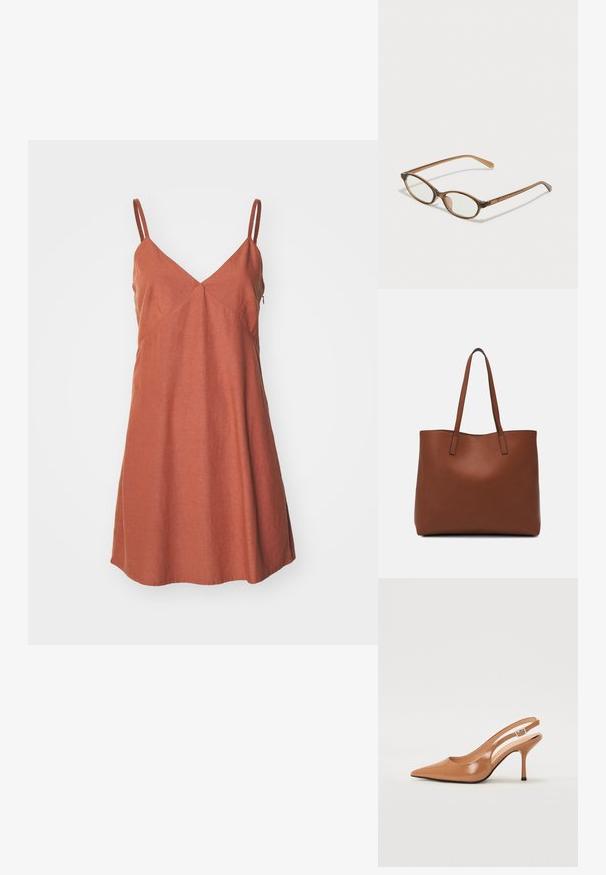 Roestkleurige, mouwloze jurk met een V-hals, voorzien van een uitlopende zoom en schuine naden voor een gestructureerd ontwerp. Gemaakt van lichte stof.; Puntige slingback hak in een glad, glanzend beige materiaal. Bevat een gebogen uitsnijdontwerp en een slanke stiletto hak. Zilveren gesp detail.; Bruine schildpadbril met ovale lenzen, dunne armen en transparante accenten. Heeft een subtiele logo op de tempel. Strak, lichtgewicht ontwerp.; Bruine leren tote bag met een gladde textuur, een ontwerp met een open bovenkant en twee schouderbanden. Kenmerkt zich door minimale stiksels en geen zichtbare hardware.