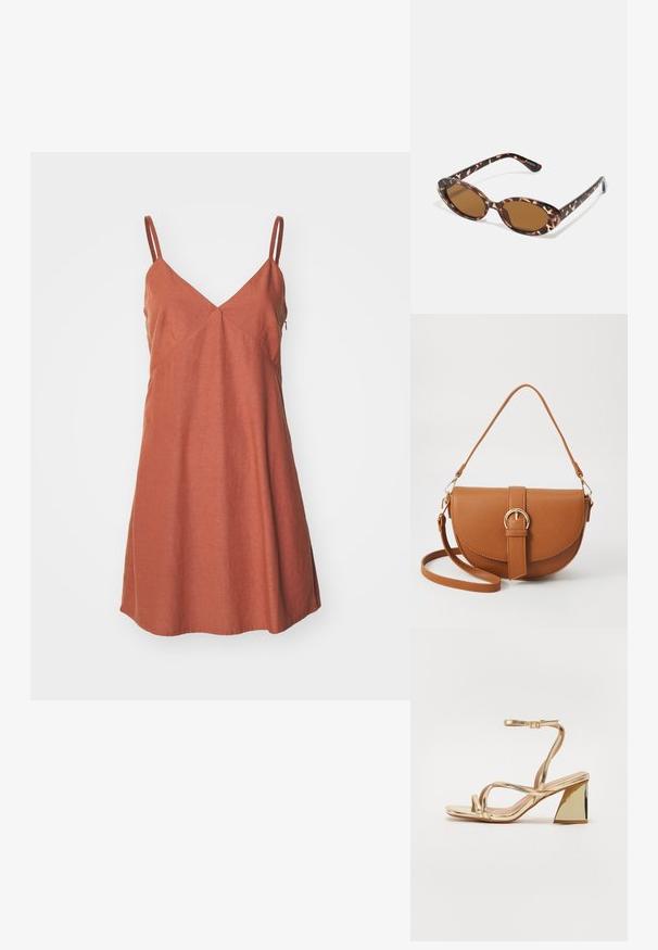 Roostevärvi, ilma varrukateta kleit, millel on V-kaelus, flared hem ja kaldega õmblused, mis annavad sellele struktureeritud disaini. Valmistatud kergest kangast.; Kuldne metallik kõrge kontsaga sandaal, millel on pahkluu rihm, läikiv viimistlus, ristuvad rihmad ja kolmnurkne plokk-konts.; Kilpkonnakilbi stiilis prillid ovaalsete läätsedega, pruunide toonidega, õhukeste kätega, millel on tekstureeritud muster, kerge plastmassraam.; Pruun nahast õlakott, millel on kumer kuju, kullavärvi riistvara ja pandlaga kaunistus. Omab eemaldatavat õlarihma.