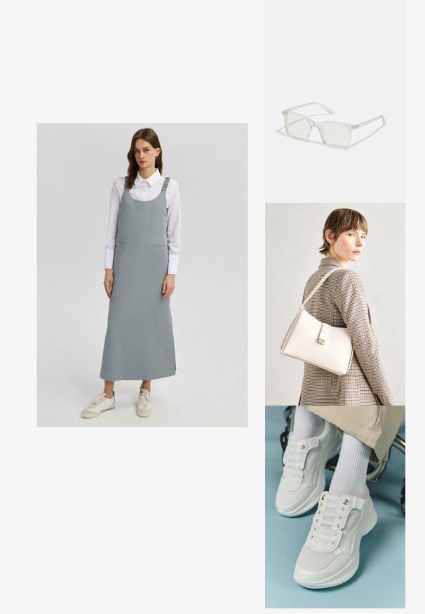 Touché Privé THICK STRAP - Maksimekko - grey; Valkoiset lenkkarit, joissa on verkkokangas, kumipohja, nauhattomuus elastisilla nauhoilla ja kultatäyteiset yksityiskohdat.; Selkeä muovinen neliönmuotoinen kehyslasit, joissa on läpinäkyvät linssit ja kultaset mäntäraudat lisäämään yksityiskohtia.; Valkoinen nahkainen käsilaukku, jossa on jämäkkä muotoilu, magneettinen suljin ja olkahihna, esillä neutraalilla taustalla.