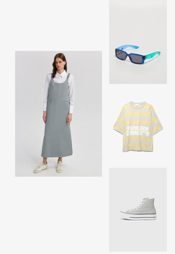 Touché Privé THICK STRAP - Maxi-jurk - grey; Grijs en geel gestreept T-shirt met korte mouwen, ronde halslijn en grote witte tekst "INSPIRATION COMINGS" op de voorkant.; Hoge sneakers van lichtgrijs canvas, met witte veters, een witte rubberen zool en een zwarte streep langs de basis.; Blauwe en groene zonnebril met rechthoekige lenzen; transparante montuur; gemodelleerde blauwe armen; donkere lenzen; opvallende branding aan de zijkant.