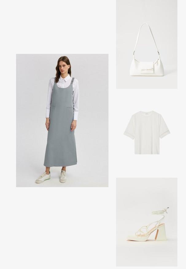 Touché Privé THICK STRAP - Maxi šaty - grey; Biele tričko s krátkym rukávom vyrobené z bavlny, s dekoratívnym čipkovým lemovaním pozdĺž rukávov a okrúhlym výstrihom.; Biele sandále na vysokom opätku s hrubým podpätkom, s pruhovaným dizajnom a viazaním na členku. Hladký povrch s platformou vpredu pre zvýšenú výšku.; Biela syntetická kabelka s trojuholníkovým tvarom, plochým predným klapkou a detailom mašle, nastaviteľným popruhom, hladkou textúrou a minimalistickým dizajnom.