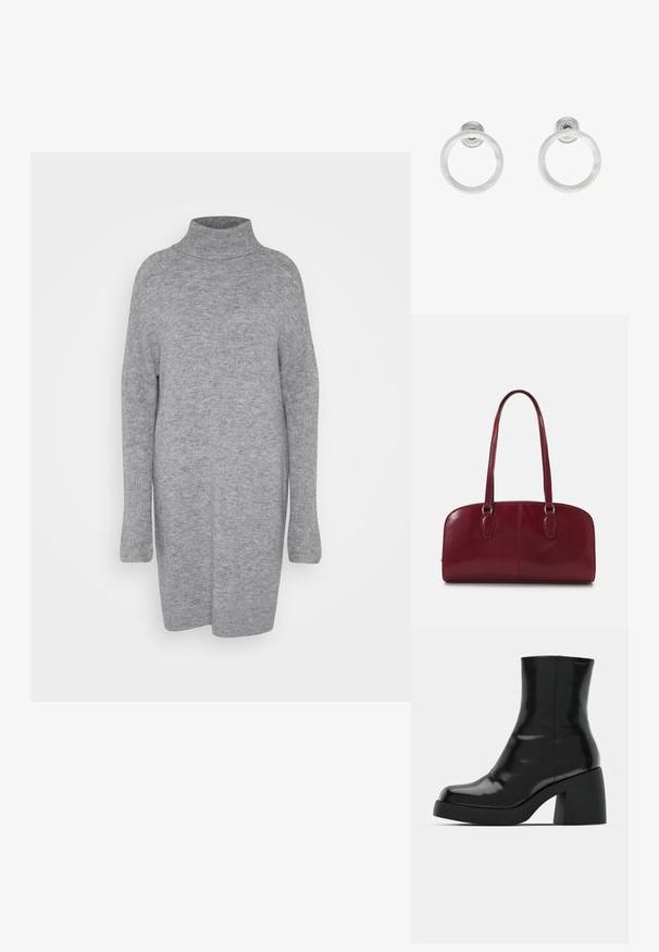 Šedý rolák s dlouhými rukávy. Měkká pletená textura; volný střih; délka po stehna; bez viditelných vzorů nebo akcentů.; Černé kotníkové boty s lesklým povrchem, čtveratou špičkou a silným blokovým podpatkem. Design se vyznačuje bezproblémovým siluetu a minimálním brandingem.; Zign LEATHER - Kabelka - dark red; Stříbrné kovové kruhové náušnice s broušenou texturní úpravou, s kulatým designem a průhledným záznamem pro bezpečné nošení.