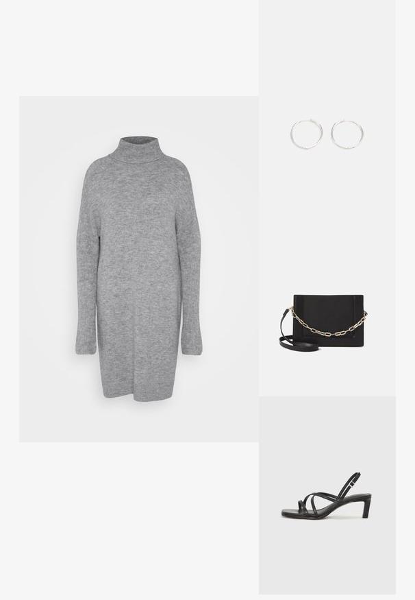 Pilkas golfas su ilgomis rankovėmis. Minkšta, megzta tekstūra; laisvas pjūvis; iki šlaunų ilgio; be matomų raštų ar akcentų.; Juodi šlepetės su kvadratiniu pirštu ir žemu bloku kulnu. Yra keli ploni dirželiai ir reguliuojamas kulkšnies diržas. Pagaminti iš lygios odos.; Juodas odinis per petį nešiojamas krepšys turi lygų paviršių, stačiakampio formą ir metalinę grandinėlę priekyje. Pridedama reguliuojama dirželis.; Sidabrinės auskarai žiedai su sėslia, apvalia forma, pasižymintys lygia paviršiumi ir be matomų puošmenų. Svoris nenurodytas.