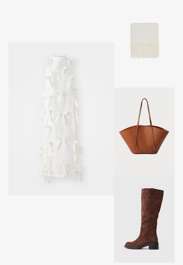 Bjela haljina bez rukava s brojnim vezanim mašnama duž prednje strane, izrađena od lagane tkanine s jednostavnom teksturom.; Smeđe zamširane čizme do koljena s okruglim vrhom, blok petom i detaljima šivanja sa strane. Glatka tekstura i čvrsta konstrukcija.; Šal s resicama od mekog, teksturiranog slonovače. Pravokutnog oblika s dugim, ravnomjerno raspoređenim resicama na jednom kraju. Glatka i lagana.; Smeđa kožna torba za nošenje s širokim, strukturiranim oblikom, tankim ručkama i teksturiranom površinom. Ima minimalistički dizajn bez vidljivih dijelova metalne opreme.